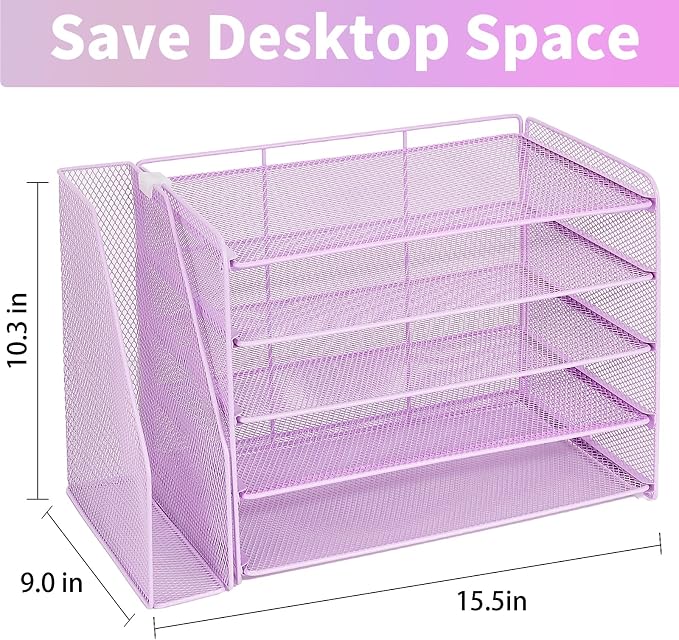 OPNICE Desk Organizer, 5-Tier Paper Organizer Letter Tray with Magazine Holder, Office Desk Accessories & Workspace Organizers, Desktop File Organizer for Office Supplies Storage, Purple