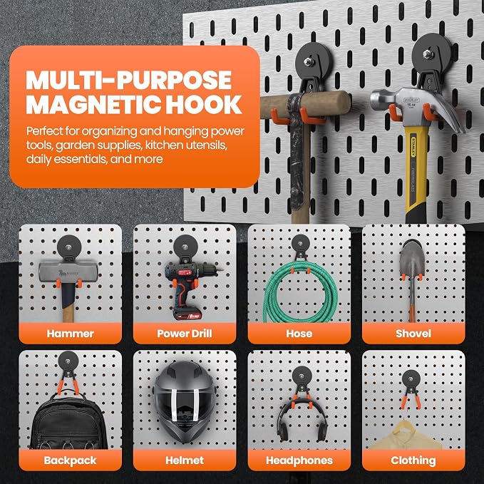 Magnetic Utility Hooks Heavy Duty, 6 Pack 2.6in Large Strong Magnet Utility Hooks, Magnetic Garage Hangers/Holder With Rubber Coating For Power Drill, Tool Storage, Indoor & Outdoor Hanging (Orange)