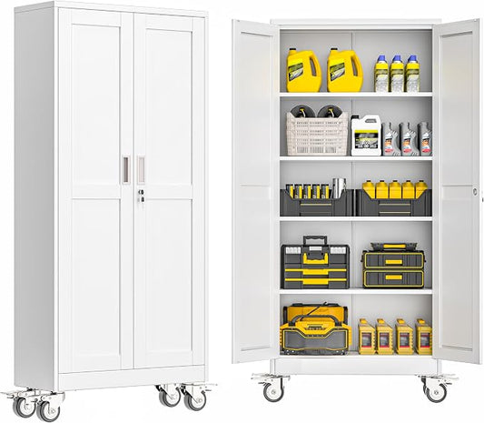 GAIOUS Metal Garage Storage Cabinet with Lock, Steel Tool Cabinet with 2 Door and 4 Adjustable Shelves, 71” Tall Lockable File Cabinet with Wheels, Rolling Cabinet for Home Office Garage Gym - White
