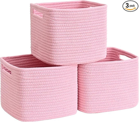 3 Pack Cube Storage Bin, 9”x9”x7” Cotton Rope Woven Baskets for Organizing Toys Clothes Towels, Square Gift Storage Baskets for Shelves, Nursery, Closet, Bathroom, Pantry (Pink)