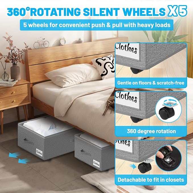 Under Bed Storage with Wheels, 4-Pack 10" Height XXL 75L Rolling Storage Bins, Quick Assembly Underbed Shoe Storage Containers with Clear Lid & Label, Dorm Under Bed Drawers for Clothes, Shoes, Grey