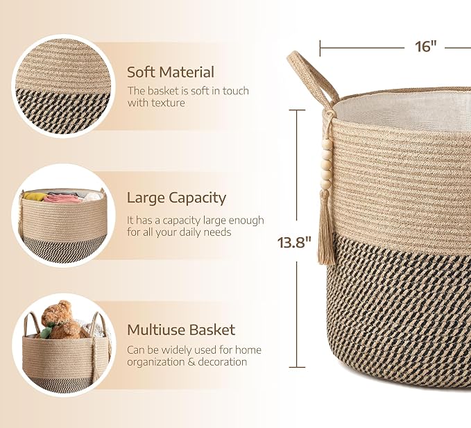 Mkono Woven Storage Basket Decorative Rope Basket Wooden Bead Decoration for Blankets,Toys,Clothes,Shoes,Plant Organizer Bin with Handles Living Room Home Decor, Yellow and Black, 16" W × 13.8" | Yellow and Black, Decorative Basket with Handle, Wood Be...