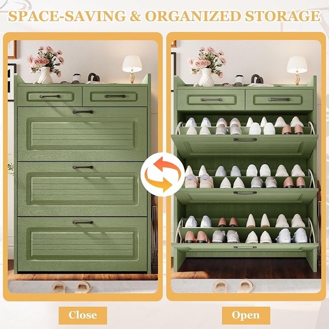 ODUWA Shoe Cabinet with 3 Flip Drawers and 2 Storage Drawers, Shoes Organizer Cabinets with Adjustable Divider, Hidden Shoe Rack Shoe Storage Cabinet for Entryway, Hallway, Green