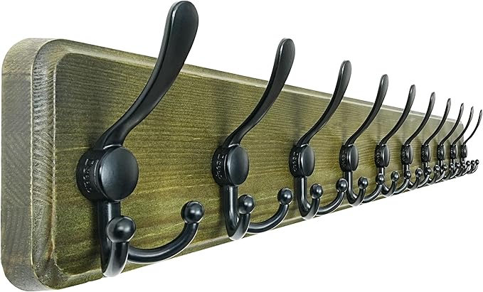 Coat Rack Wall - Heavy-Duty 38-1/4" Long, with Reinforced 10 Custom Tri-Hooks, Solid Wood Wall Hanger for Coats Hat Jackets - Rustic Farmhouse Entryway Hallway Storage, Weathered Green & Black