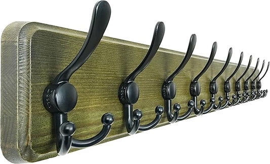 Coat Rack Wall - Heavy-Duty 38-1/4" Long, with Reinforced 10 Custom Tri-Hooks, Solid Wood Wall Hanger for Coats Hat Jackets - Rustic Farmhouse Entryway Hallway Storage, Weathered Green & Black