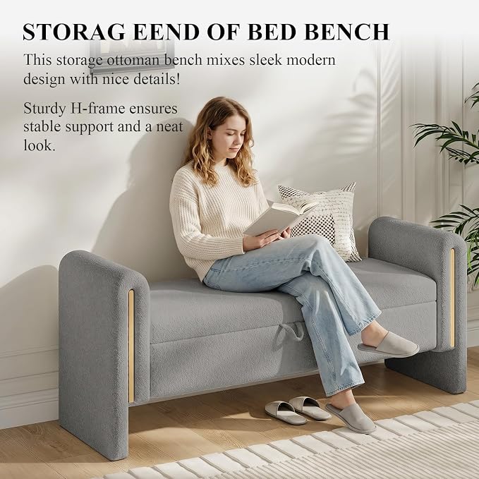 Storage Ottoman Bench, End of Bed Bench with Pull-Ring | 52" Teddy Upholstered, Window Bench with Armrest, Generous Storage, Safety Hinge, Holds 300 LBS, for Bedroom, Grey