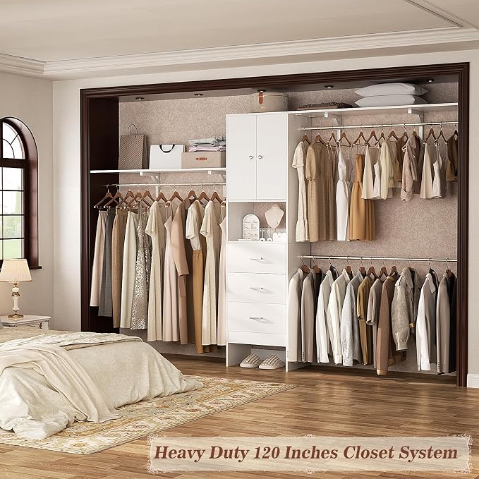 120 Inches Closet System With Doors, 10FT Walk In Closet Organizer with 3 Shelving Towers, Heavy Duty Clothes Rack with 3 Drawers, Built-In Garment Rack, White