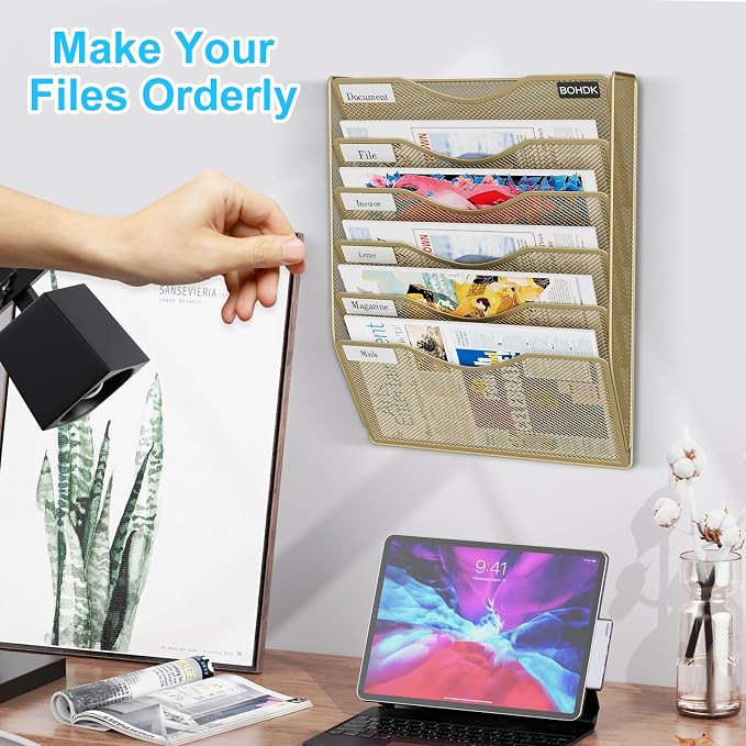 BOHDK Wall File Organizer, Hanging File Folder Mail Organizer, Vertical Mesh Metal Door/Wall Mount Hanging File Holder, Paper Document Magazine Rack with Hooks for Home Office (6 Tier Gold)
