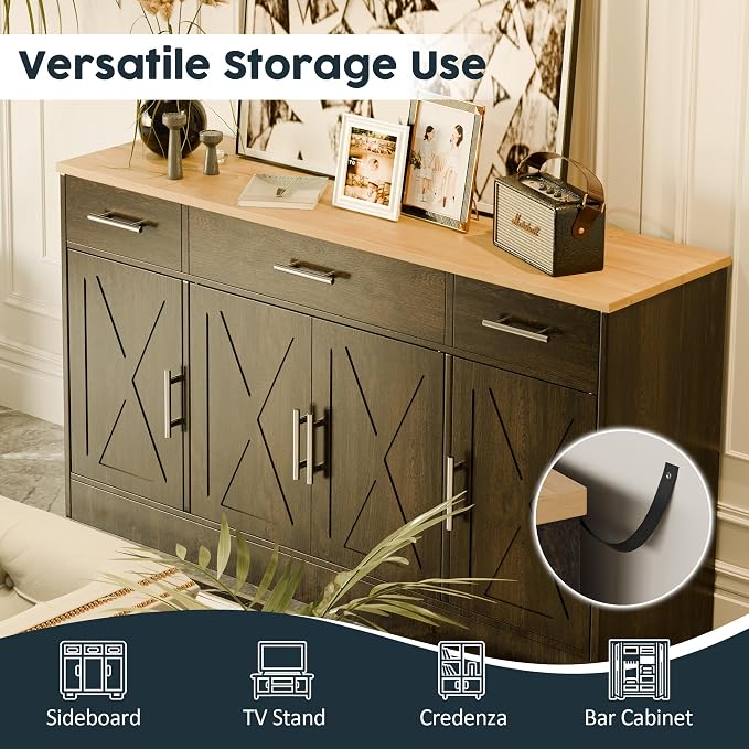 Kitchen Buffet Sideboard Cabinet, Farmhouse Storage Cabinet with 4 Doors and 3 Drawers, Wooden Base Cabinet with Adjustable Shelf for Living Room, Brown
