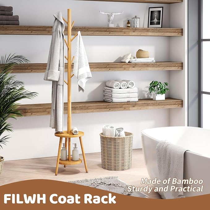 Freestanding Coat Rack with Umbrella Organizer Tray Bamboo Coat Tree Rack with 8 Hook Stand for Clothes Bag Hats Entryway Hanger Stand(Nature)