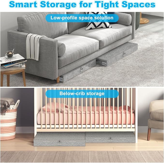 Under Bed Storage Container Bins 4 Pack, 4 Inch Thin Low Profile Underbed Clothes Storage Organizer for Dorm & Home, Use for Blanket and Toy Storage Box W/ Sturdy Bottom/Sides, Foldable Thick Fabric