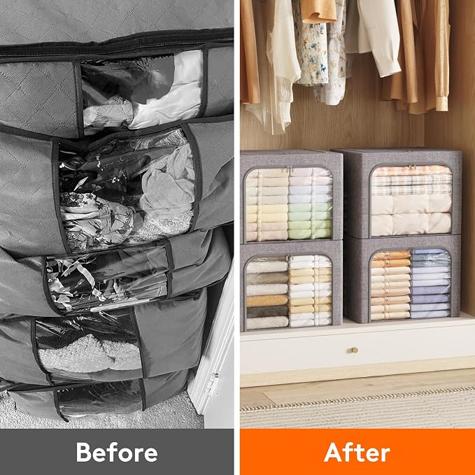 Lifewit Clothes Storage Bins with Metal Frame, Stackable Storage Box, Foldable Clothing Storage Bins with Lids, 75L Storage Bags Fabric Box Organizer with Clear Window＆ Zippers＆ Sturdy Handles 4 Pack