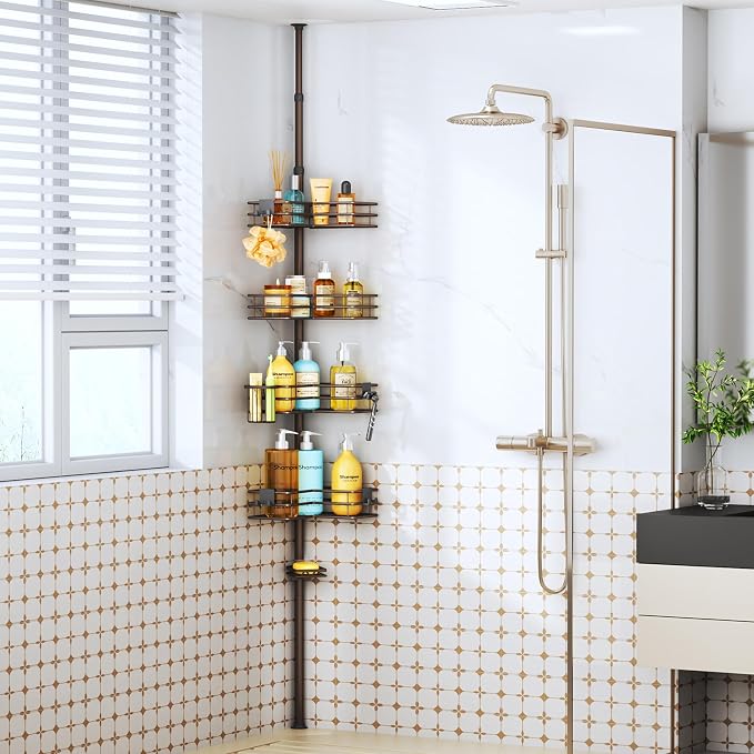 HapiRm Corner Shower Caddy Organizer - Shower Organizer Corner with Soap Holder, Toothbrush Holder and 4 Hooks, Rustproof Bathroom Shelf Tension Pole Available for 27.6 to 108.3 Inch - Bronze
