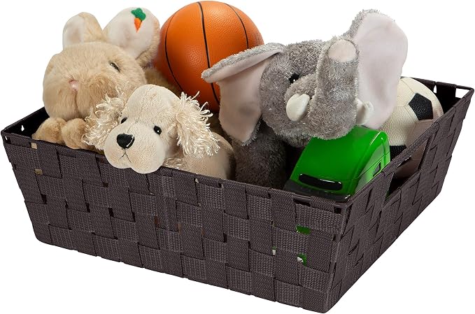 Simplify Large Shelf Woven Strap Tote | Decorative Storage Basket | Built in Handles | Organization | Closet | Bedroom | Bathroom | Nursery | Accessories | Toys | Gifts | 2 Pack | Chocolate