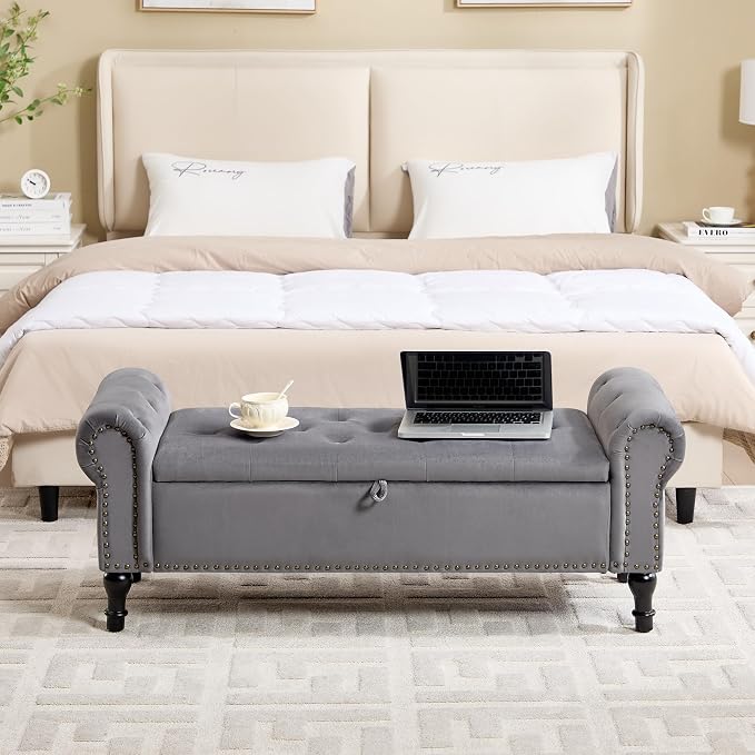 51" Storage Bench for Bedroom, Velvet End of Bed Bench, Queen Size Bench with Rolled Arms, Tufted Storage Ottoman Benches, Upholstered Bench for Bedroom, Living Room, Entryway, Grey
