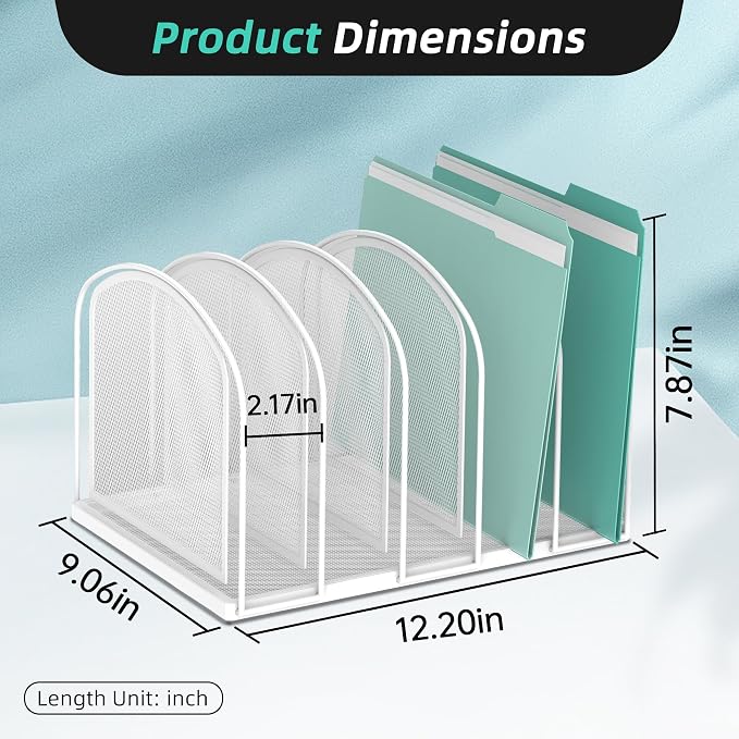 SUPEASY File Organizer 5-Section Mesh Desk Organizer, Upright File Organizer Desktop Organizer File Sorter, File Folder Holder for Office Supplies, White | 5 Vertical Compartments with Sturdy Metal Base for Office Documents Books Magazines and Laptop