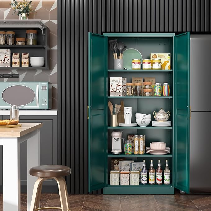 SteeLoong Kitchen Pantry Cabinet,71”Green Metal Pantry Storage Cabinets with Doors and 4 Adjustable Shelves,Kitchen Cabinet with 2 Gold Handles,Tall Cabinet for Livingroom, Bathroom