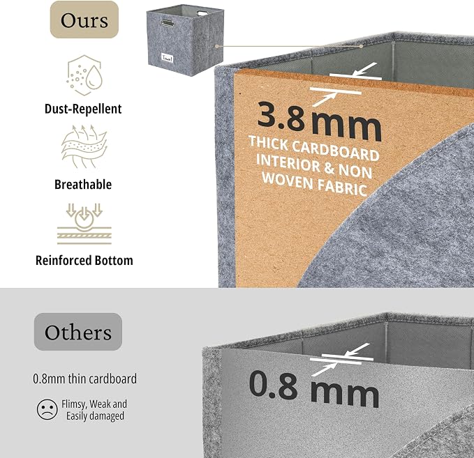 DECOMOMO Felt Storage Bins, 13x15x13 Storage Cube Bins with Labels | 3 Pack Storage Baskets for Shelves, Kallax (Dark Grey)