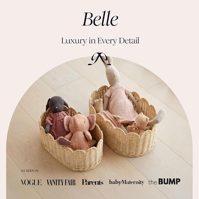 BEBE BASK Premium Scalloped Basket Set of 2 (16x10x7 In) - Storage Baskets | Handwoven Rattan, Scallop Basket, Wicker Basket With Scalloped Edge, Nursery Storage, Set of 2, Natural