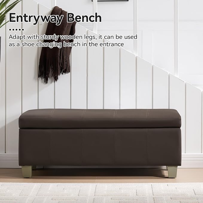 WUTUTUEE 41" Faux Leather Storage Ottoman, Stitch Tufted Rectangle Upholstered End of Bed Storage Bench, Entryway Large Couch Ottoman with Wooden Legs,Brown