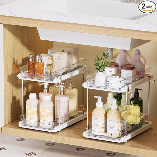 Delamu 2 Tier Under Sink Organizer Bathroom, Bathroom Cabinet Organizer with Snap-Lock Design and Hooks, Pull Out Storage with Movable Dividers, for Countertop, Kitchen and Pantry (White, 2 Pack)