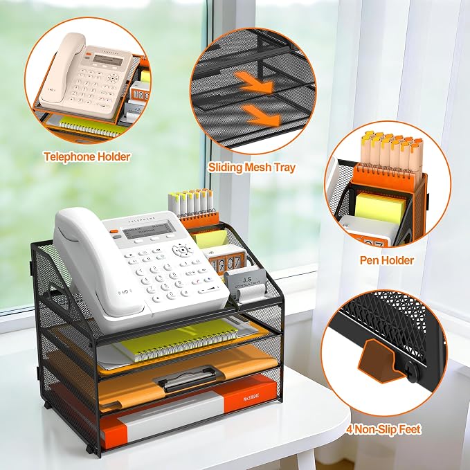 DocNest 4 Tier Metal Mesh Desk File Organizer with Phone Shelf, Black | Desktop letter tray sorter features a 9.1x9.1 inch top phone holder, built-in sticky note compartment and pen holder