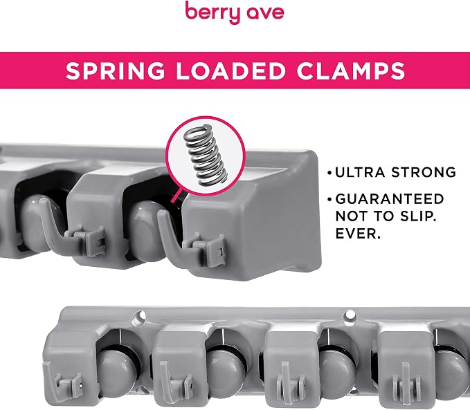 Combo 5 Slot Broom Holder w/ 1 Self Adhesive Mop Gripper No-Drilling, Wall Mount Tool Organizers For Kitchen, Garage, Laundry Room- Anti-Slip Hanger For Brooms, Mops, Rakes, Dustpans (Grey / White)