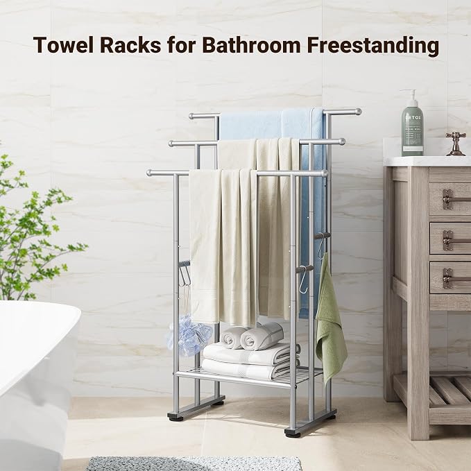 ELYKEN 3 Tier Freestanding Towel Rack with Shelf, 40" H Towel Stand, Silver | Metal Drying Rack for Oversized Bath Towels & Blankets, 4 Hooks, Indoor & Outdoor Use, Fits Bathroom, Tub, Shower, Poolside