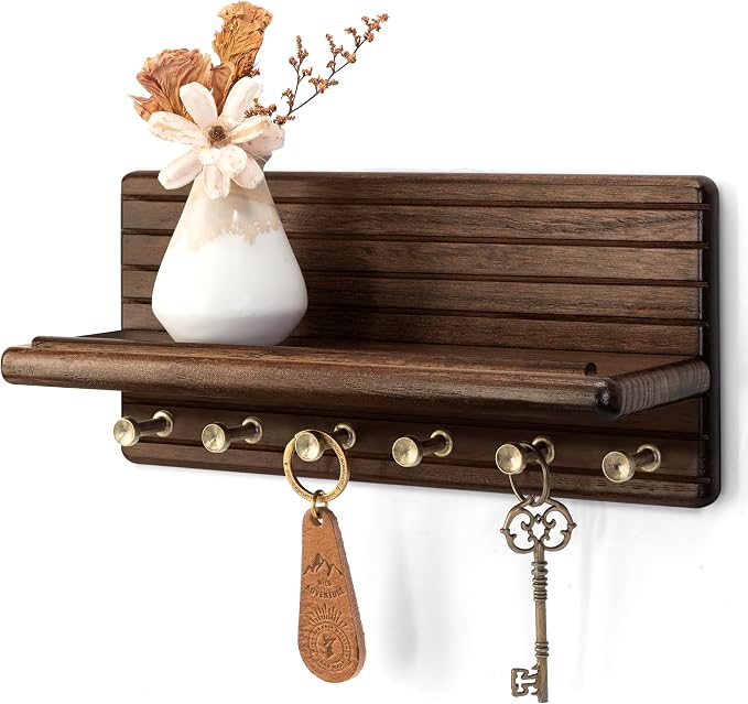 Rebee Vision Acacia Wood Key Holder Wall Mount for Home Decor, Dark Brown | Key Holder for Wall, 6 Key Hooks, Floating Shelf, Mail Organizer, Apartment Essentials for Home Decor Living Room