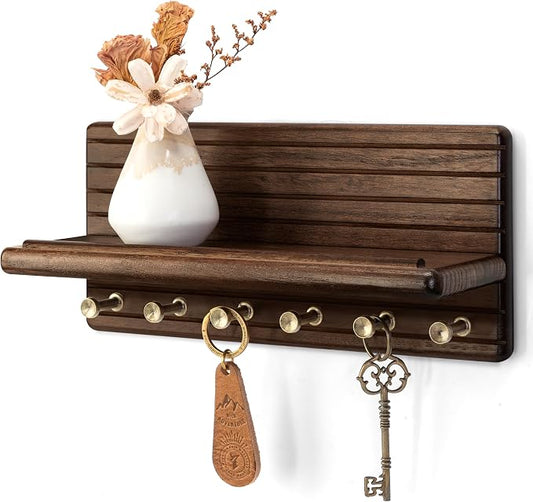 Rebee Vision Acacia Wood Key Holder Wall Mount for Home Decor, Dark Brown | Key Holder for Wall, 6 Key Hooks, Floating Shelf, Mail Organizer, Apartment Essentials for Home Decor Living Room
