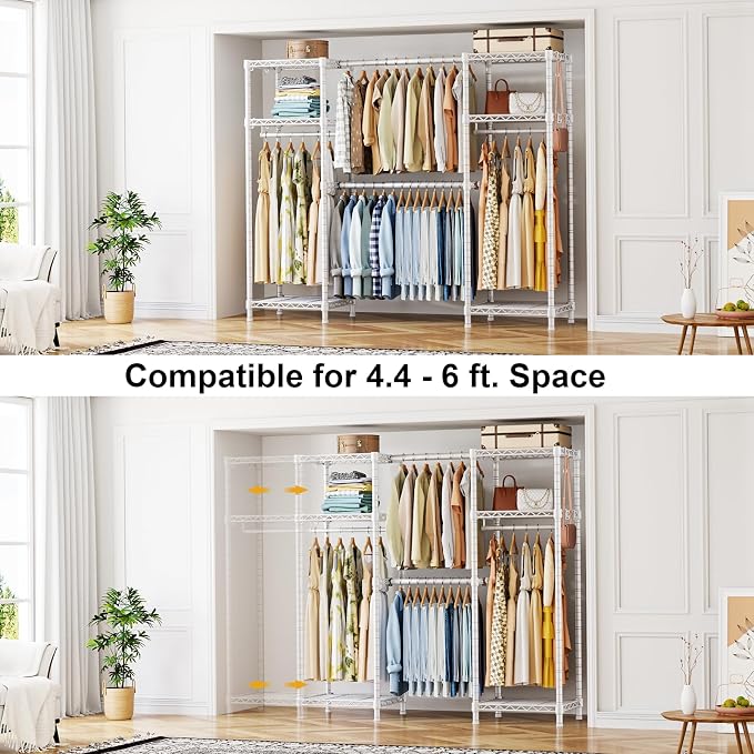 Ulif E7 Heavy Duty Garment Rack, Clothes Organizer and Storage Rack with Expandable Hangers, Metal Clothing Rack with 6 Wire Shelves, (52.3"-72") W x 14.5" D x 71.2" H, Load 838 LBS, White | Freestanding Closet System with 2 Extendable Rods and 6 Shelv...