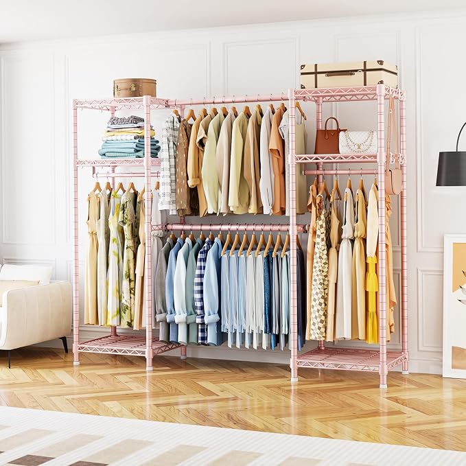 Ulif E7 Garment Rack, Heavy Duty Clothes Storage System with Extendable Hangers Rods, Metal Clothing Rack with 6 Wire Shelves, (52.3"-72") W x 14.5" D x 71.2" H, Load 838lbs, Pink | Metal Clothing Rack with 6 Wire Shelves, Freestanding Portable Closet ...