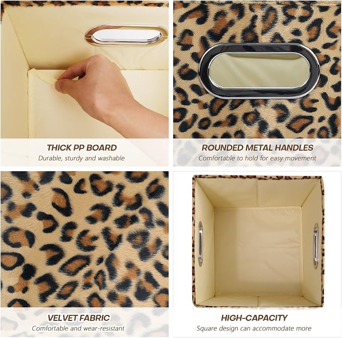 ANMINY Leopard Cheetah Print Storage Cubes Bins, Velvet, Brown, 13Inch 8PCS | Collapsible & Washable, PP Board Frame, Built-in Metal Handles, Animal Themed Fabric Cubes Baskets for Closet Shelves Decor