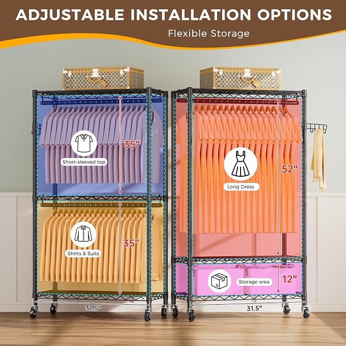Golpart Heavy Duty Rolling Clothes Rack Wheels Portable Metal Garment Rack | Wardrobe Adjustable Wire Shelving Metal Double Clothing Racks for Hanging Clothes Organizer Closet Laundry Room Organization
