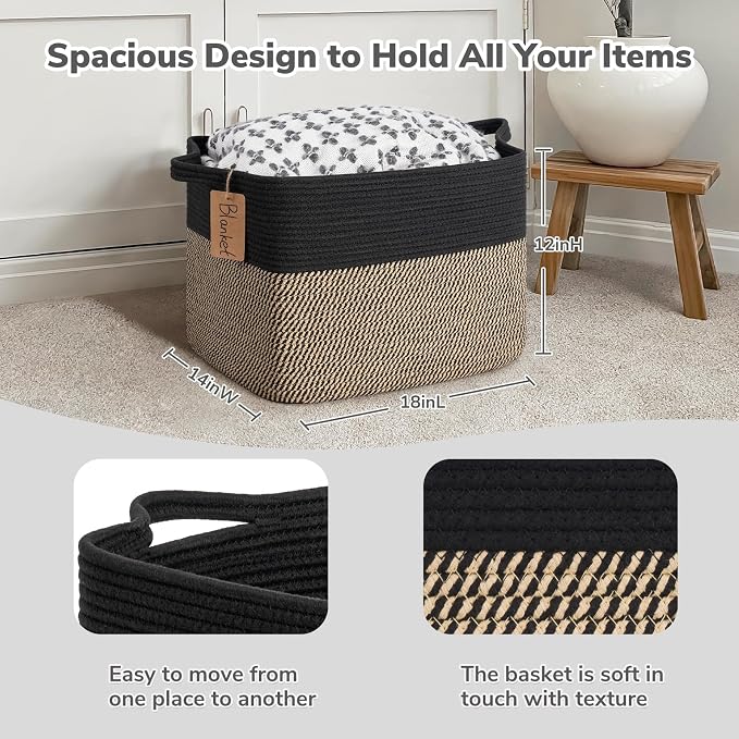 Goodpick Large Wicker Storage Baskets for Organizing, Black & Jute | 50L, 18 × 14 × 12 in, Reinforced Handles, Shoes, Towels & Toys Storage, Living Room, Bedroom & Nursery Organization