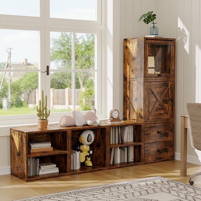 FUSUNBAO Magic DIY Cube Storage Organizer Stackable Cubes for Home Books Clothes Toy-Modular Cubby Storage System-Office Cubical-Bookcase Closet (Antique Brown, General Cube)