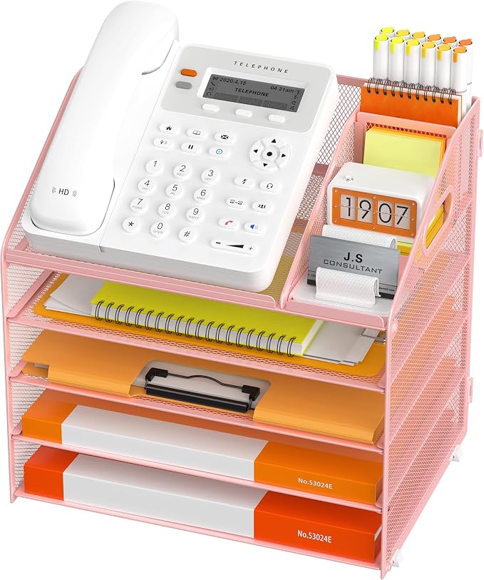 DocNest 5 Tier Metal Mesh Desk File Organizer with Phone Shelf, Pink | Desktop letter tray sorter features a 9.1x9.1 inch top phone holder, built-in sticky note compartment and pen holder