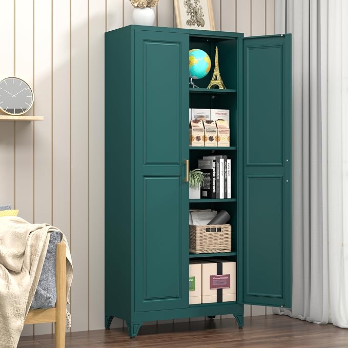 Polup 75" Pantry Cabinet, Tall Metal Storage Cabinet with Doors and Shelves | Green Kitchen Cabinet, 5 Adjustable Shelving, Heavy-Duty Steel, Gold Handles, 4 Standing Feet, for Garage Office & Laundry