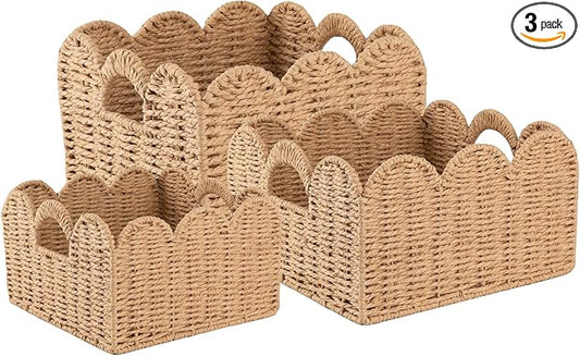 OIAHOMY Scalloped Wicker Baskets, Hand-woven Storage Baskets with Built-in Handles, Paper Rope Shelf Baskets for Organizing and Decoration, Set of 3-Yellow