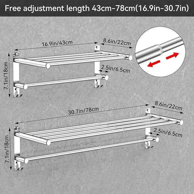 CAXIMSY Adjustable Towel Bar for Bathroom Wall Mount17-30.7inch Adhesive Shower Towel Rack Stainless Steel Bath Towel Holders for Toilet Kitchen Double Towel Hanger (2-Layer Towel Rack)