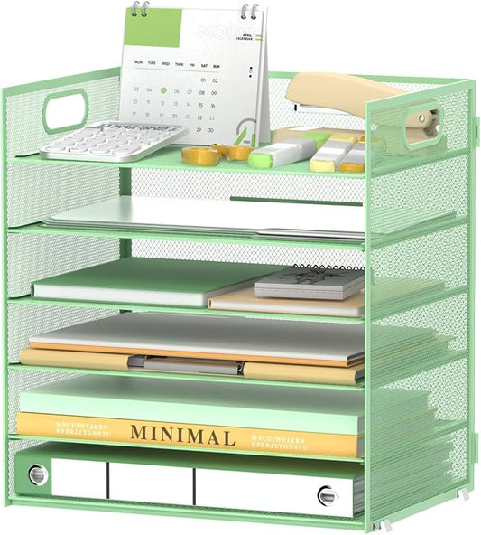 Daltack 6-Tier Paper Organizer for Desk with Handle, Green | Sturdy Metal Mesh Organizer with Movable Middle Trays and a Carry Handle for Papers, Folders and Office Supplies