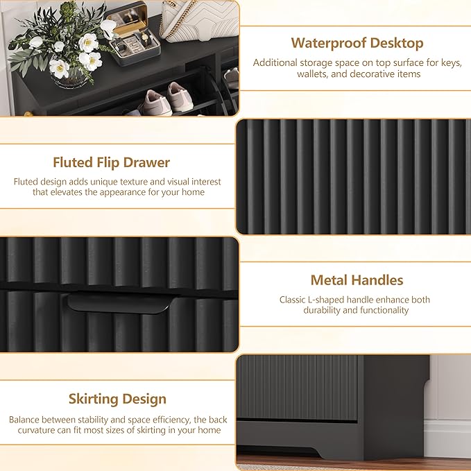 HUANLEGO Shoe Cabinet Storage for Entryway with 3 Flip Drawers, Black Fluted Shoe Cabinet with Adjustable Shelves, Wooden Hidden Shoe Rack Freestanding Narrow Slim Shoes Storage for Hallway, Entrance