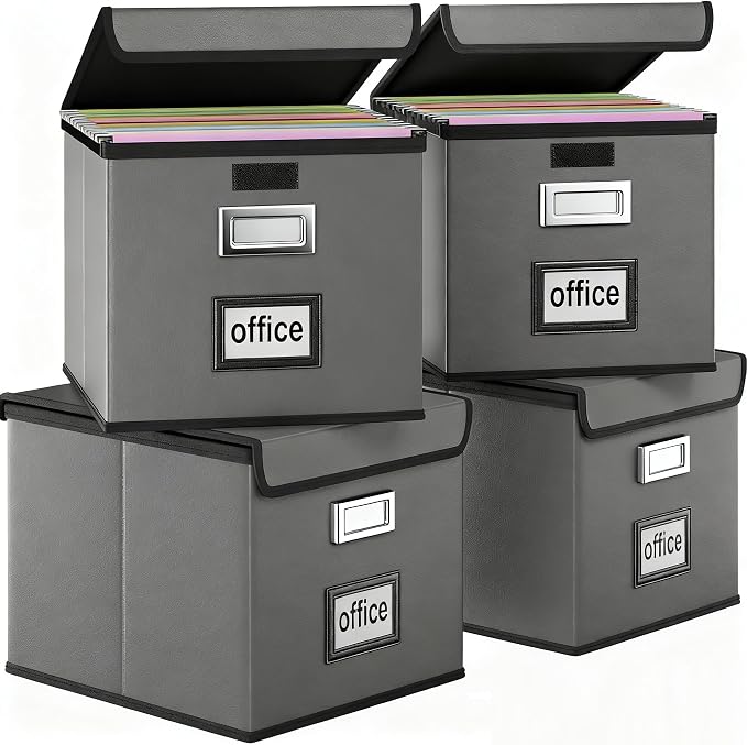 File Organizer Box with Lids, Collapsible File Folder Organizer | File Box with Plastic Slides for Document, Filing Bin for Letter Size Hanging File Folders (4 Pack, Dark Gray, Leather)