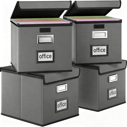 File Organizer Box with Lids, Collapsible File Folder Organizer | File Box with Plastic Slides for Document, Filing Bin for Letter Size Hanging File Folders (4 Pack, Dark Gray, Leather)