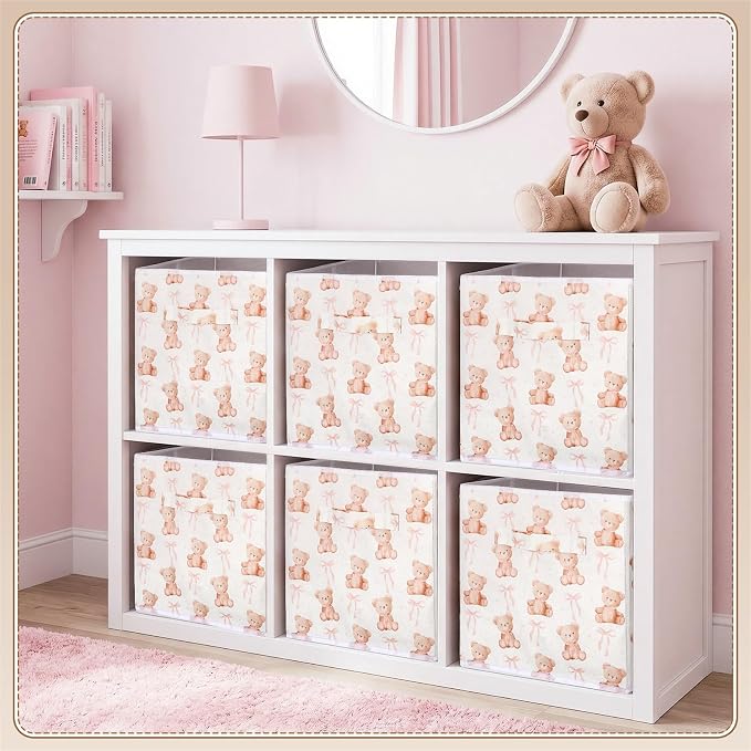 6 Pcs Pink Bow Teddy Bear Cube Storage Bins 11 Inch Storage Basket with Handle, Preppy Girls Organizer Basket, Collapsible Fabric Box for Classroom Bedrooms Office Home Decoration Gift