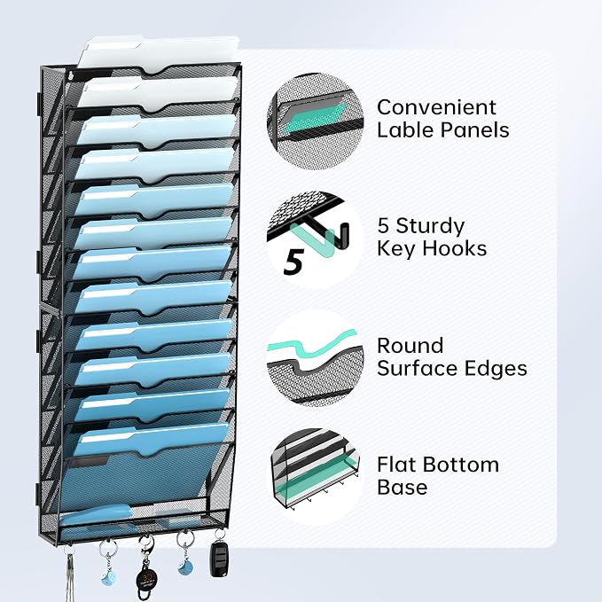 SUPEASY 13-Tier Hanging Wall File Organizer with Hooks, 2 Pack | Mesh Wall File Holder, Mail Organizer Wall Mounted for Papers, Documents, Folders and Magazines in Home Office, Classroom