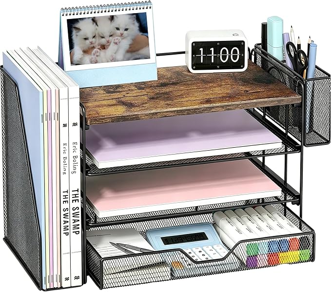 OPNICE Desk Organizer, 4-Tier Desktop File Organizer with Drawer and Pen Holders, Office Desk Accessories, File Sorters, Workspace Organizers for Office Supplies(Wood - Metal Pen Holder)
