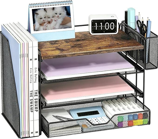 OPNICE Desk Organizer, 4-Tier Desktop File Organizer with Drawer and Pen Holders, Office Desk Accessories, File Sorters, Workspace Organizers for Office Supplies(Wood - Metal Pen Holder)