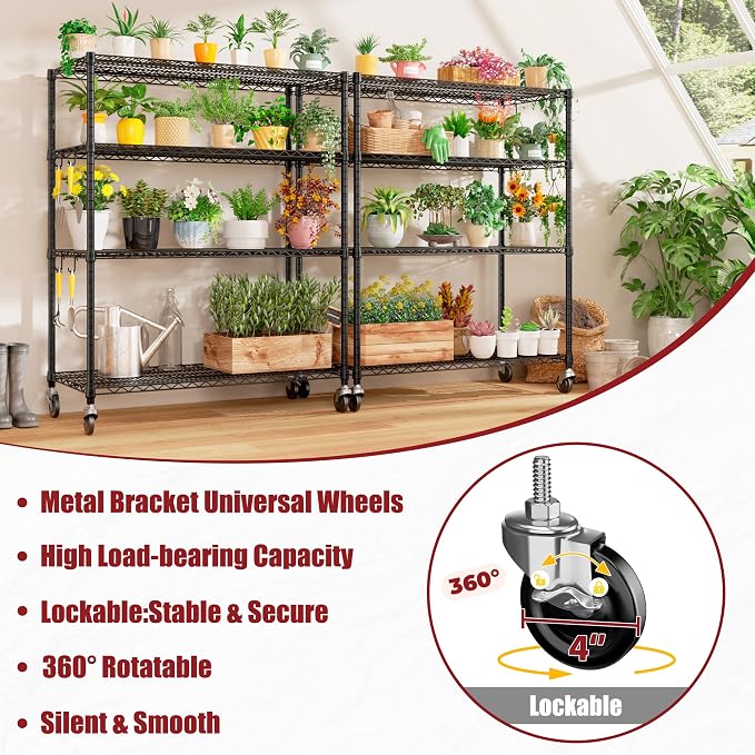 PrimeZone 4 Tier 55.5"W x 24"D x 80"H Heavy-Duty Wire Shelving with Wheels | Tote Storage Rack, Adjustable Shelves, 2400 LBS Capacity, 4" Rolling Casters, 25.4mm Steel Tube for Warehouse, Basement, 2PCS