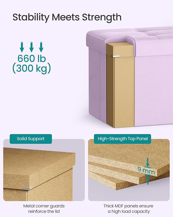 SONGMICS Velvet Storage Ottoman, Folding Storage Bench for Bedroom, Toy Chest, Ottoman Coffee Table, 15 x 43.3 x 15 Inch, Hibiscus Purple, Entryway Shoe Bench, MINOTA Collection ULSF078PE01